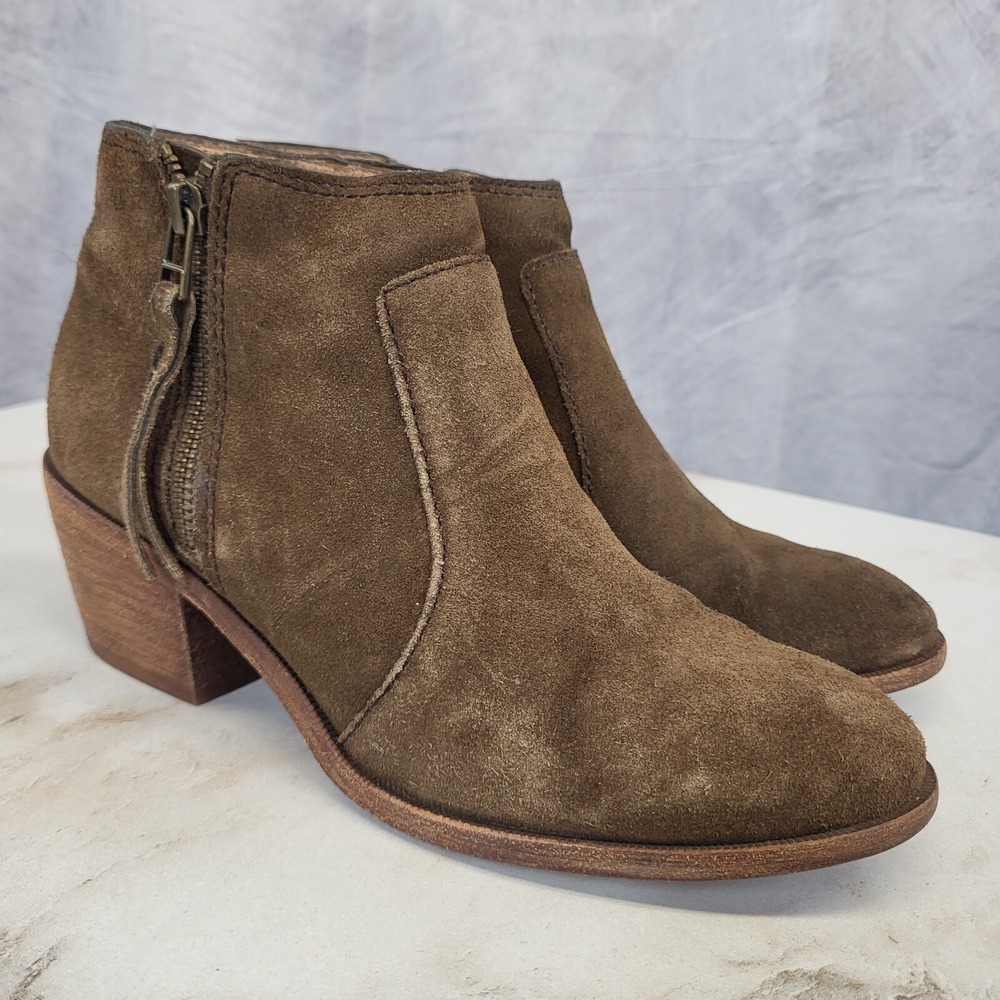 $218 Madewell Olive Suede Booties Zip Chunky Block Heel Women's 7.5